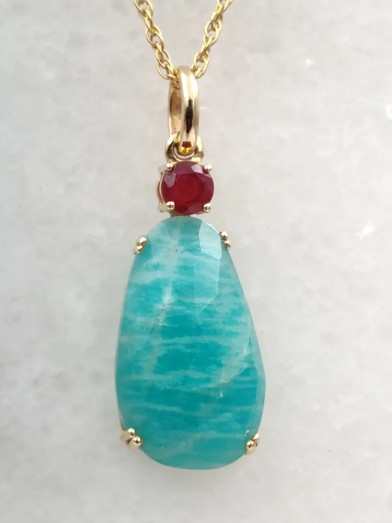 18K Solid Gold Amazonite Pedant with Ruby