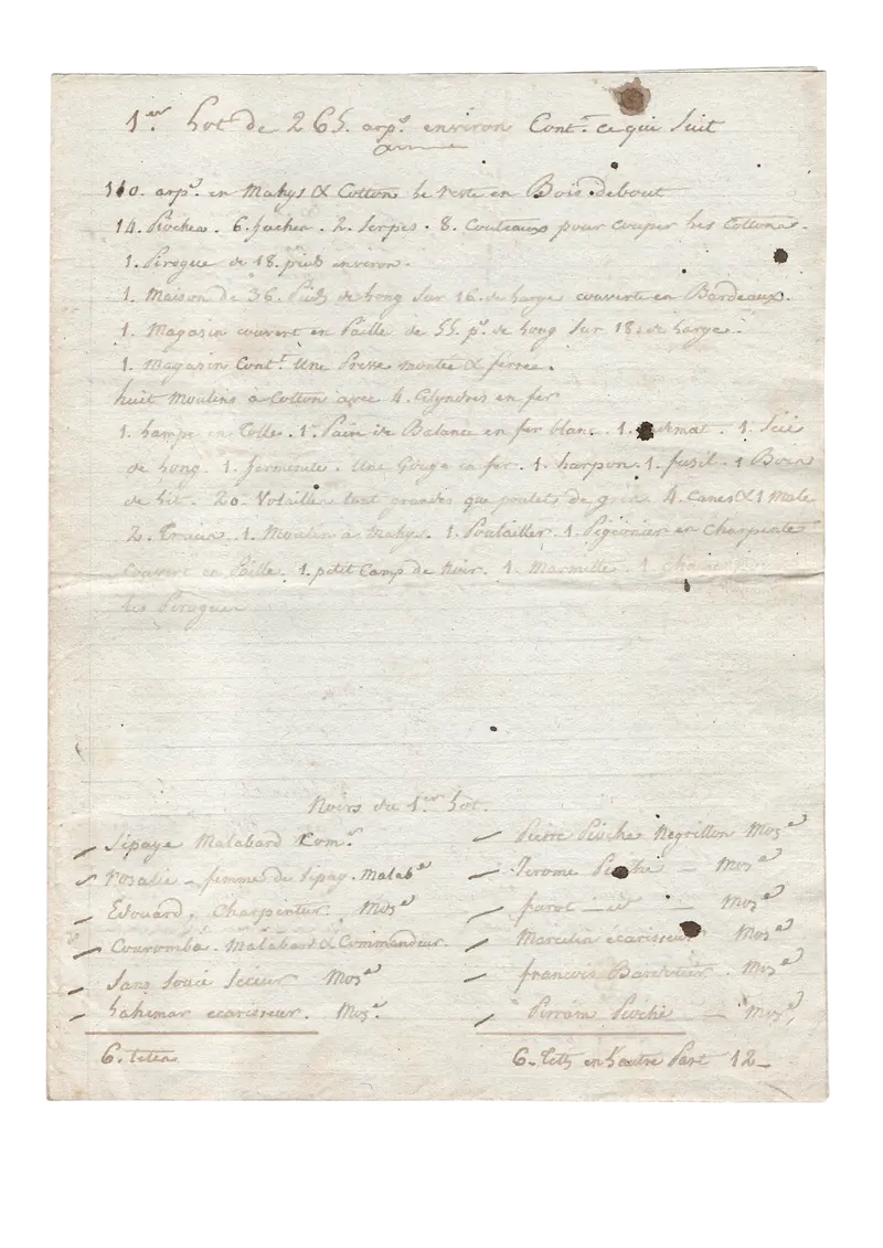 A complete cotton plantation inventory, with 175 enslaved individuals, likely from the Seychelles