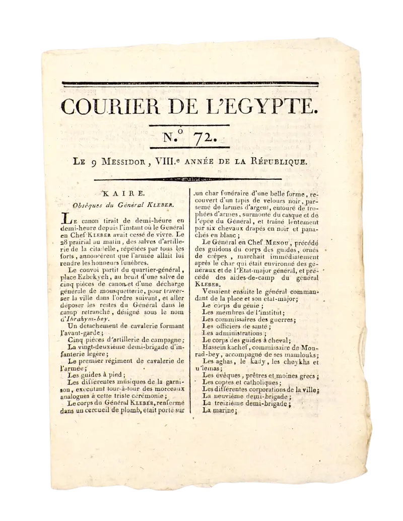 Account of the funeral of General Kléber in the first newspaper published in the Arab world