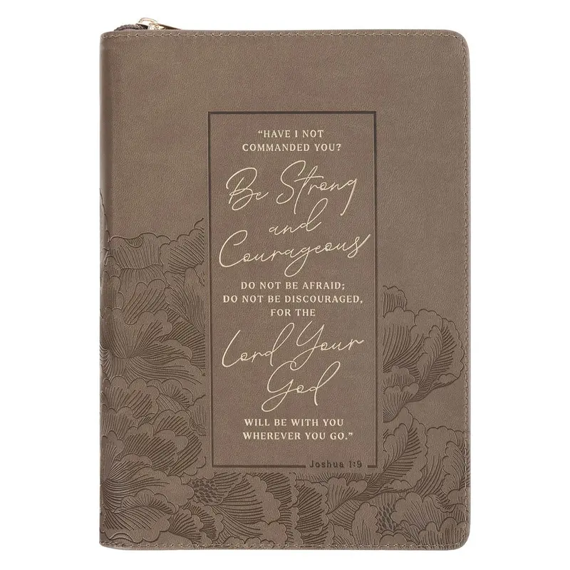 Be Strong and Courageous Ash-brown Faux Leather Journal with Zipper Closure - Joshua 1