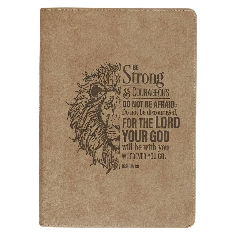 Be Strong and Courageous Lion Tan Faux Leather Journal with Zipper Closure - Joshua 1