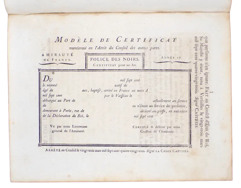 Cartouches des noirs, 1783.