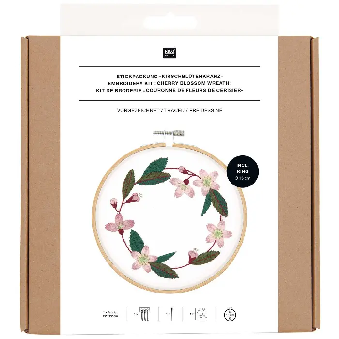 Cherry Blossom Wreath Traced Embroidery Stitch Kit - Rico Design