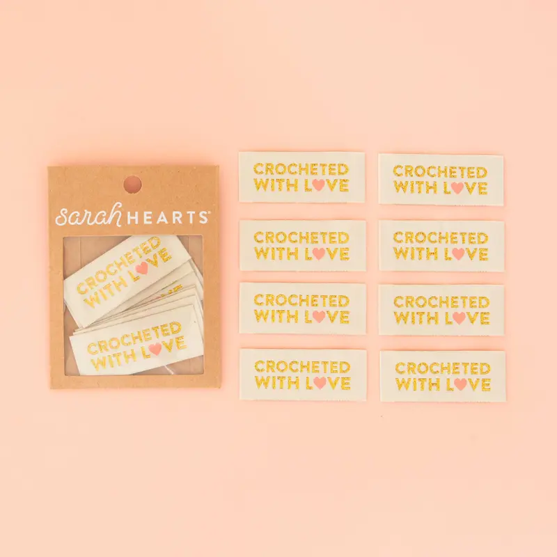 Crocheted with Love Woven Labels - Woven Sewing Label Tag - Sarah Hearts