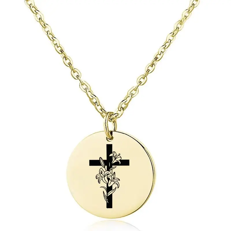 Cross with flowers necklace gold stainless steel