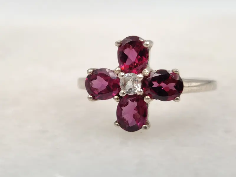Garnet Poppy Flower Ring with Crystal Quartz