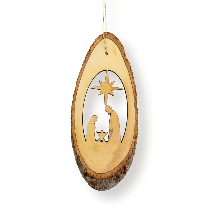 Holy Land Olive Wood Live Edge Oval Slab Nativity with Star Ornament