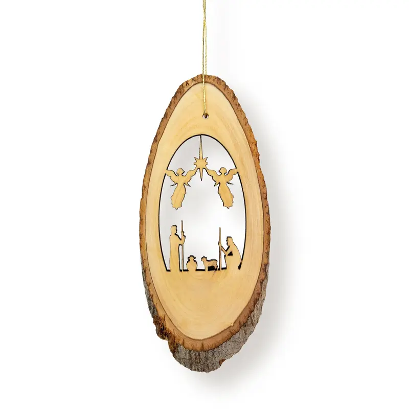 Holy Land Olive Wood Live Edge Oval Slab Shepherds with Angels Ornament