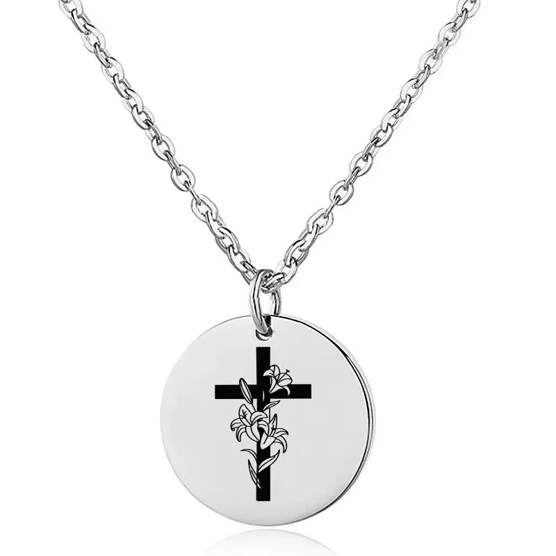 Kruis met bloemen ketting zilver stainless steel