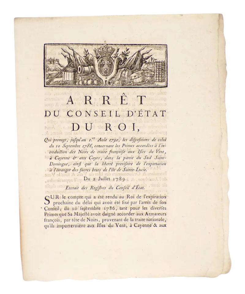 Les primes accordées à l'introduction des Noirs [...] des suces bruts, 1789.