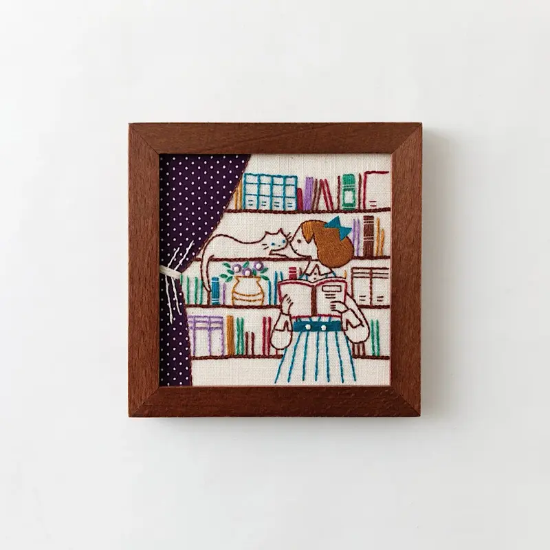 ‘Life with a Cat’ Book Shelf Framed Embroidery Kit - LECIEN COSMO