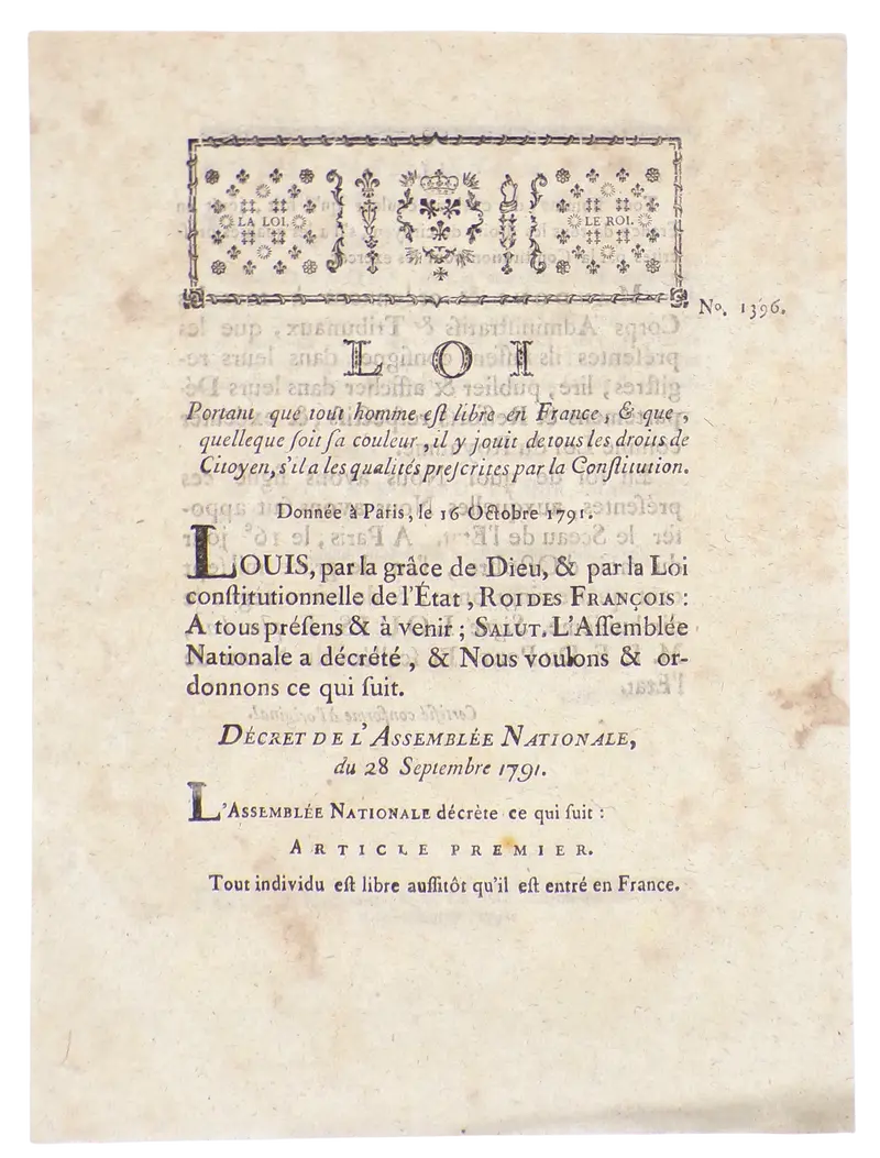 Loi portant que tout homme est libre en France, Caen 1791.