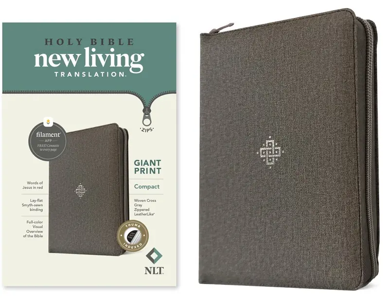 NLT Compact Giant Print Zipper Bible Filament-Enabled Edition With Zipper-Woven Cross Gray LeatherLike Indexed