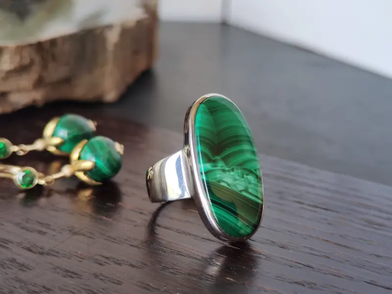 Premium Quality Natural Pictorial Malachite Cocktail Sterling Silver Ring