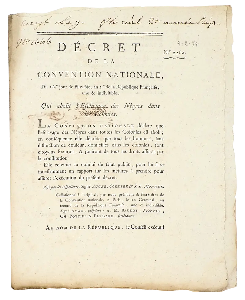 Qui abolit l’esclavage des nègres dans les colonies, Paris 1794.