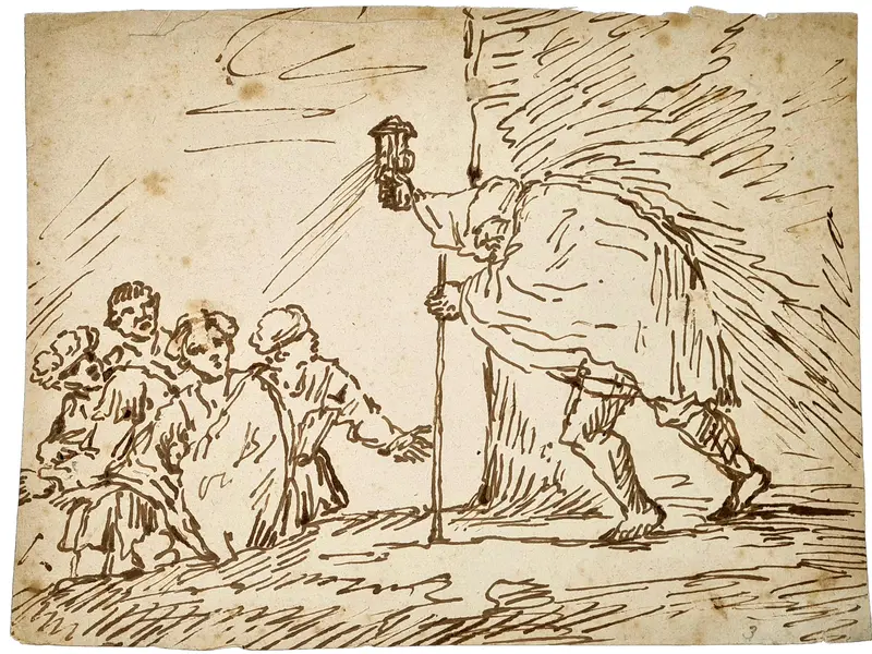 Rembrandt School, Diogenes searching for an honest man with a lamp, 1650.