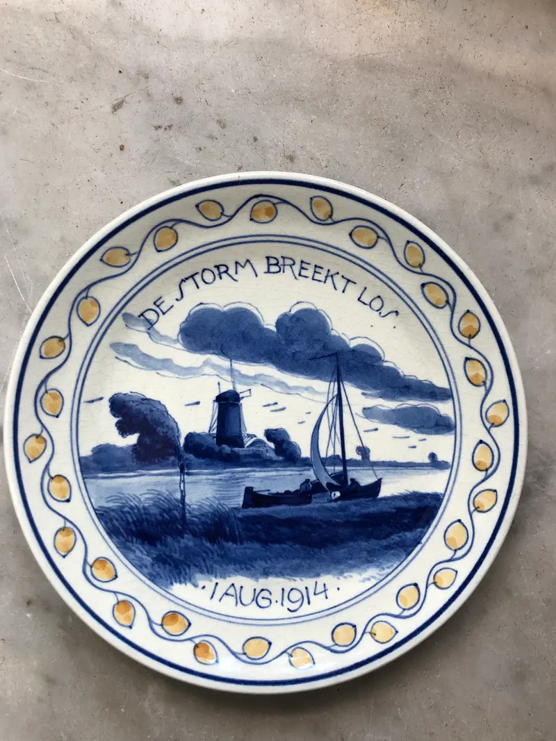 Royal Delft handpainted dutch plate ww1 windmill / ship 1914