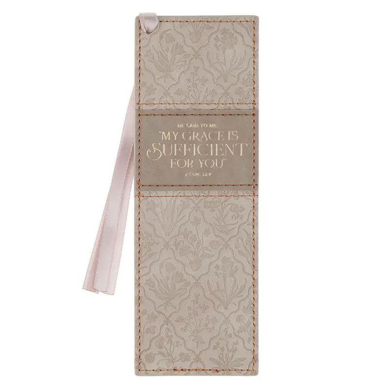 Sufficient Grace Taupe Floral Faux Leather Bookmark - 2 Corinthians 12