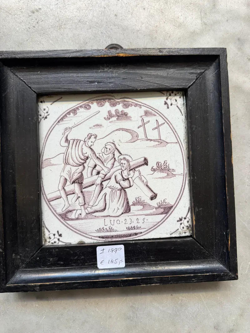 T110) Delft bible tile in wooden frame
