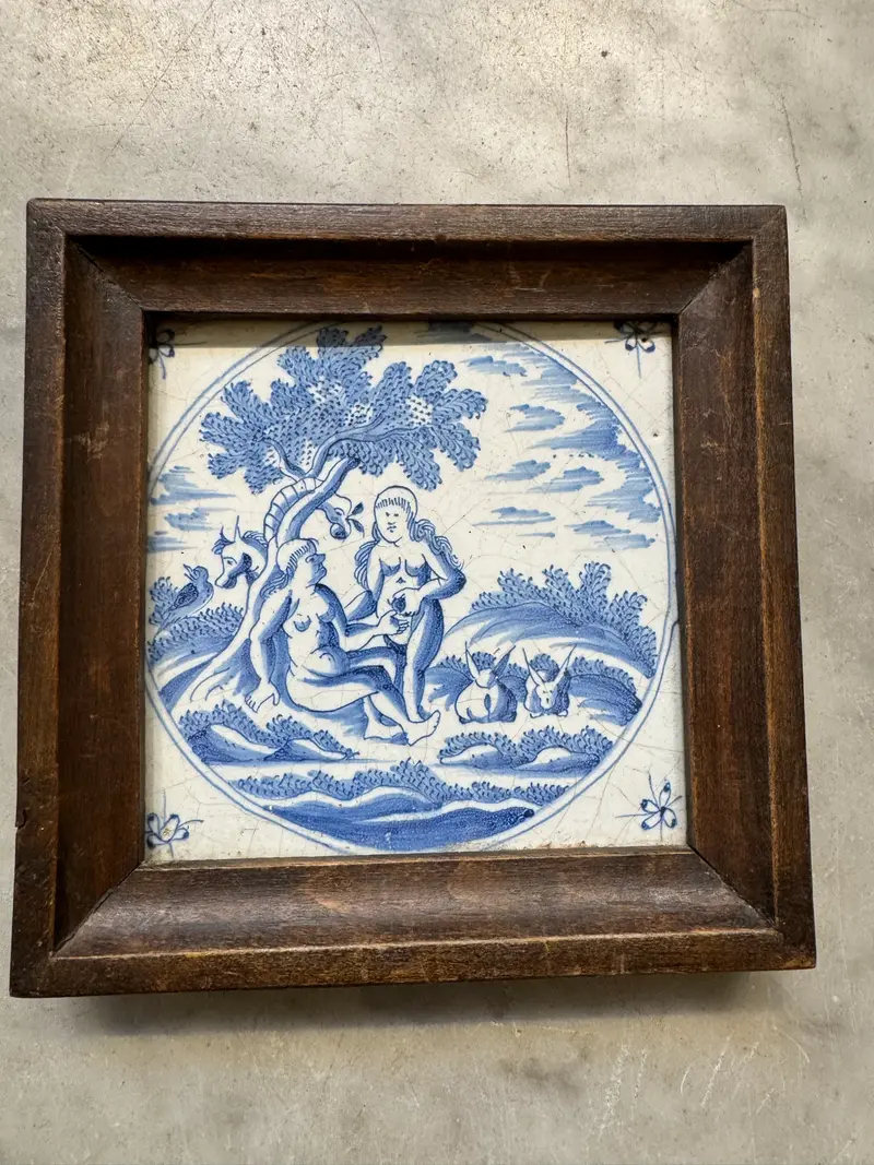 T131) delft bible Adam and Eve tile in frame