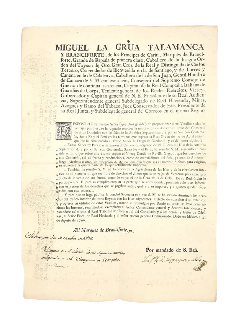 Talamanca, Deseoso el Rey nuestro Señor, 1796.