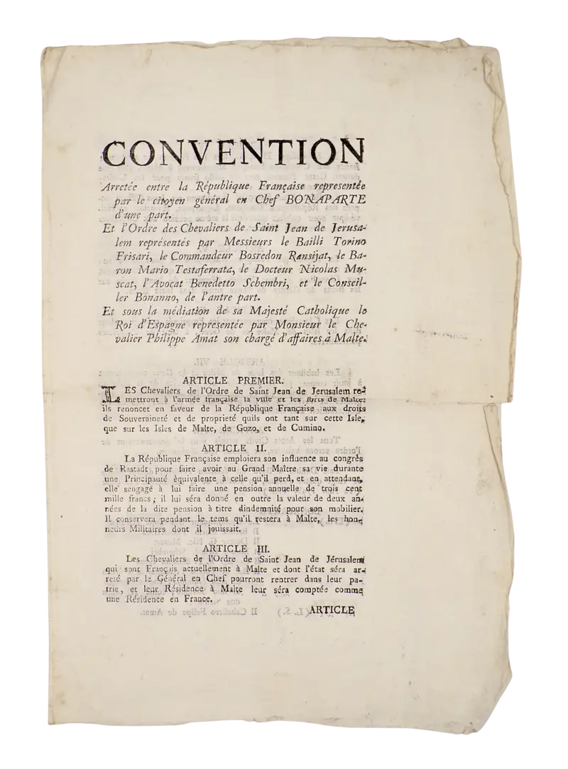 The first printed edition of the terms of Malta's capitulation to Napoleon