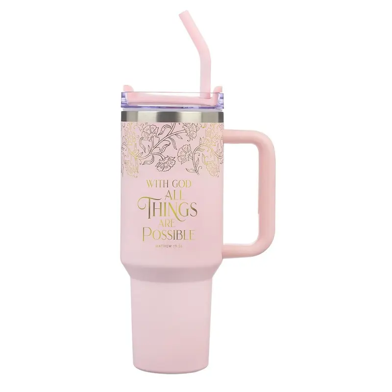 Tumbler w/straw SS Pink With God Matt. 19