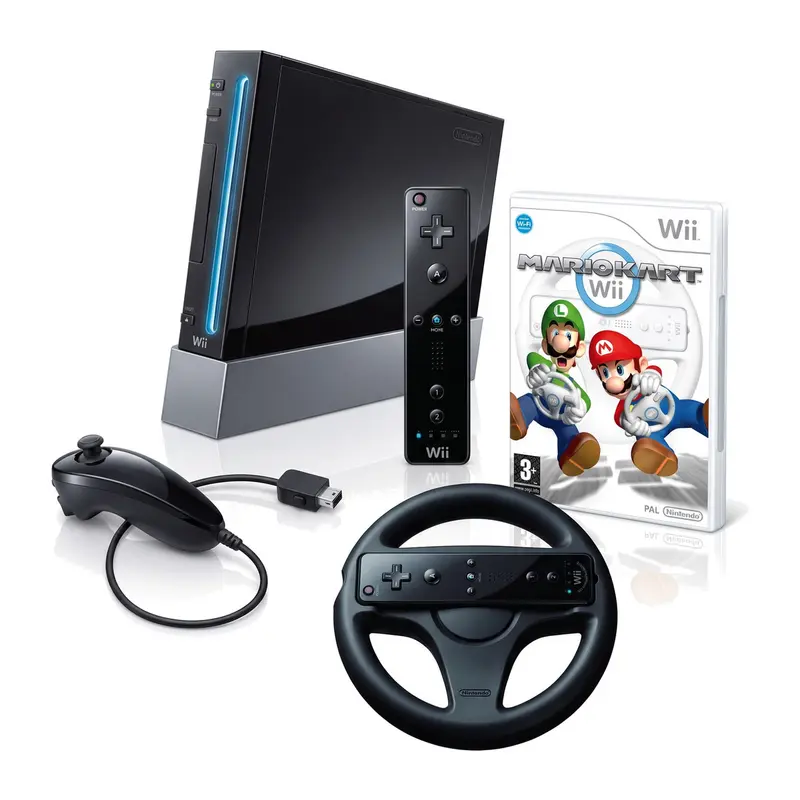 Wii Console - Zwart + Mario Kart + Wheel bundel